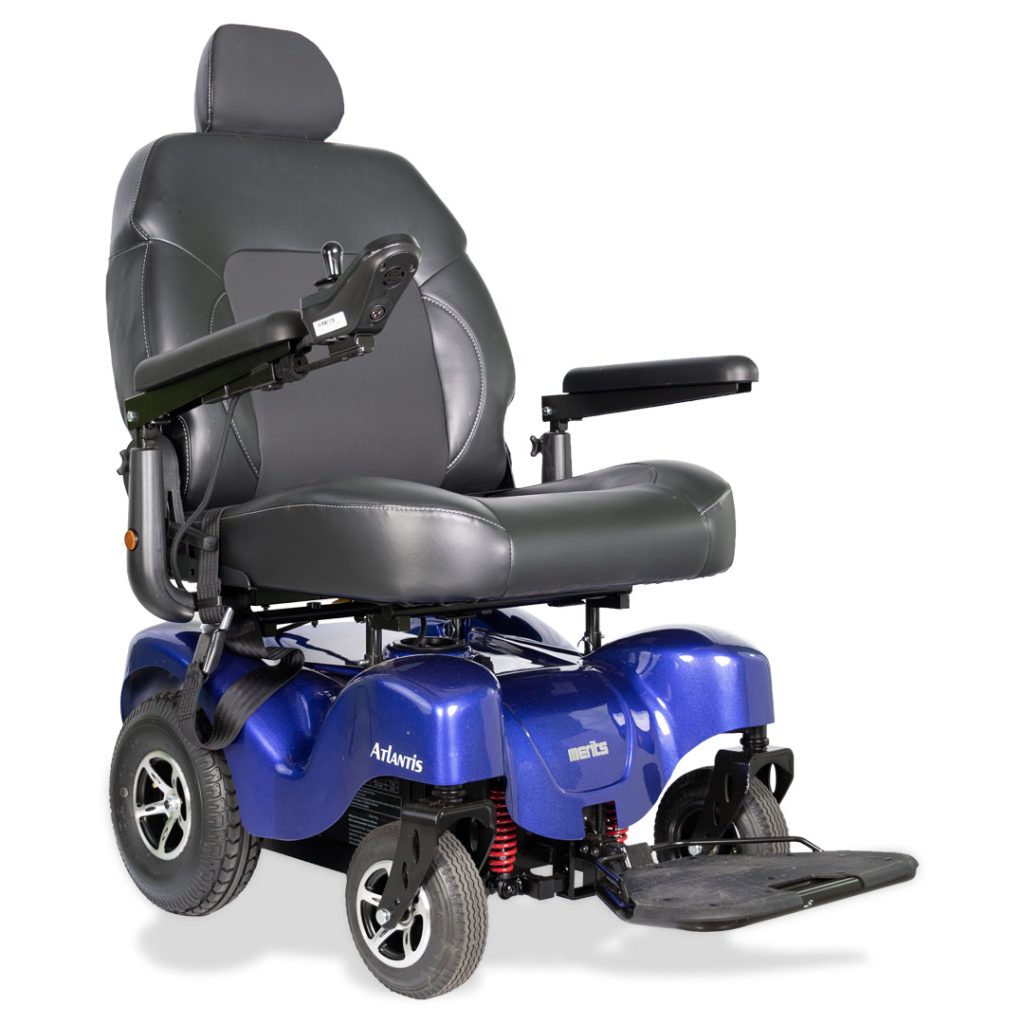 Front side view of the 2026 Merits Atlantis wheelchair in vibrant blue color, highlighting its design and features."