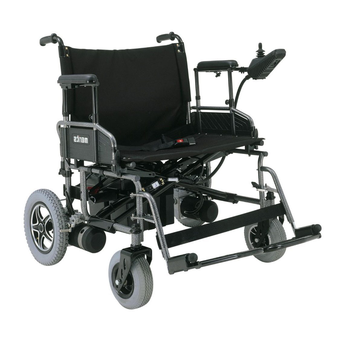 Front side view of the 2026 Merits Travel Ease P183 wheelchair, highlighting its sleek appearance, compact design, and advanced mobility features