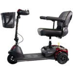 Side view of the 2026 Merits Roadster 3 in red facing left with folded armrests and tiller display visible