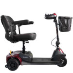 Side view of the 2026 Merits Roadster 3 mobility scooter in red with armrests and front basket