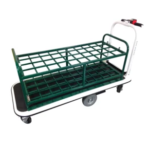 EK Tech Pony Express motorized medical gas cylinder cart with green steel rack on white base