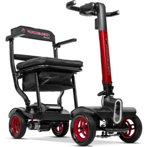 Forcemech Traveler Lightweight Folding Mobility Scooter in red shown from an angled front view with a padded seat and sturdy wheels.